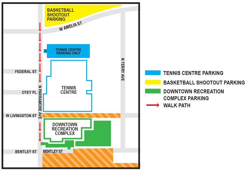 Map showing Basketball Shootout parking just north of West Amelia Street.