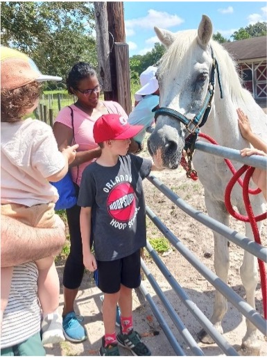 Families visiting Tsaber at Bill Frederick Park. A child is petting him as Tsaber leans over a fence.