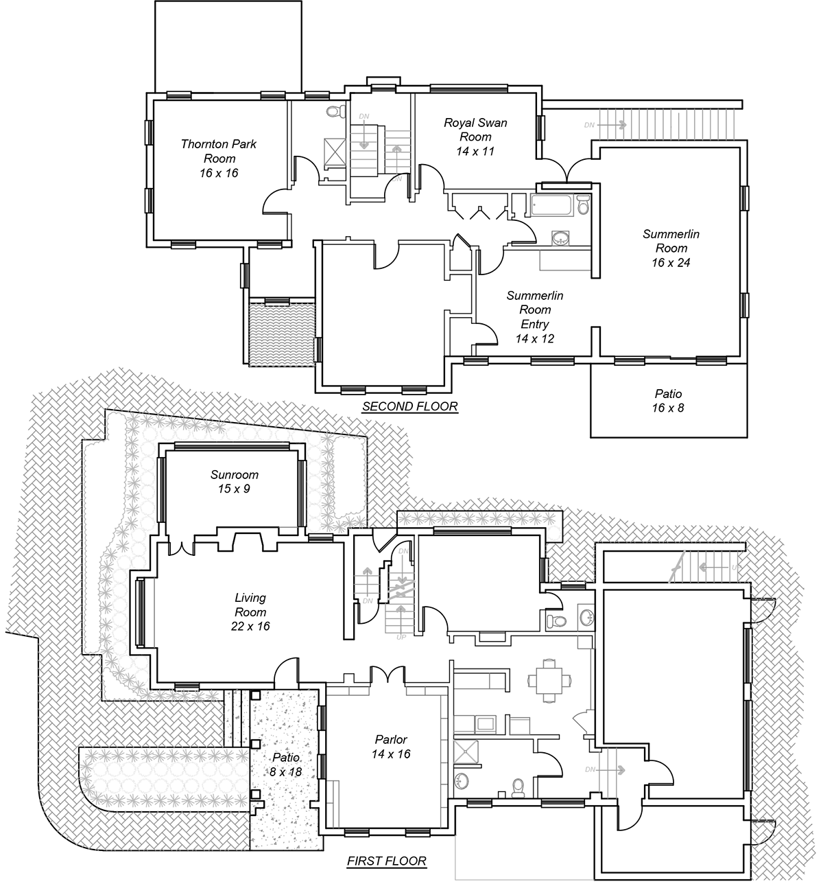 On the first floor of the Eola House, you'll find the sunroom, living room, and parlor. Moving to the second floor, you'll discover the Summerlin Room, patio, Royal Swan Room, and Thornton Park Room. These spaces offer cozy and welcoming areas for relaxation and socializing.