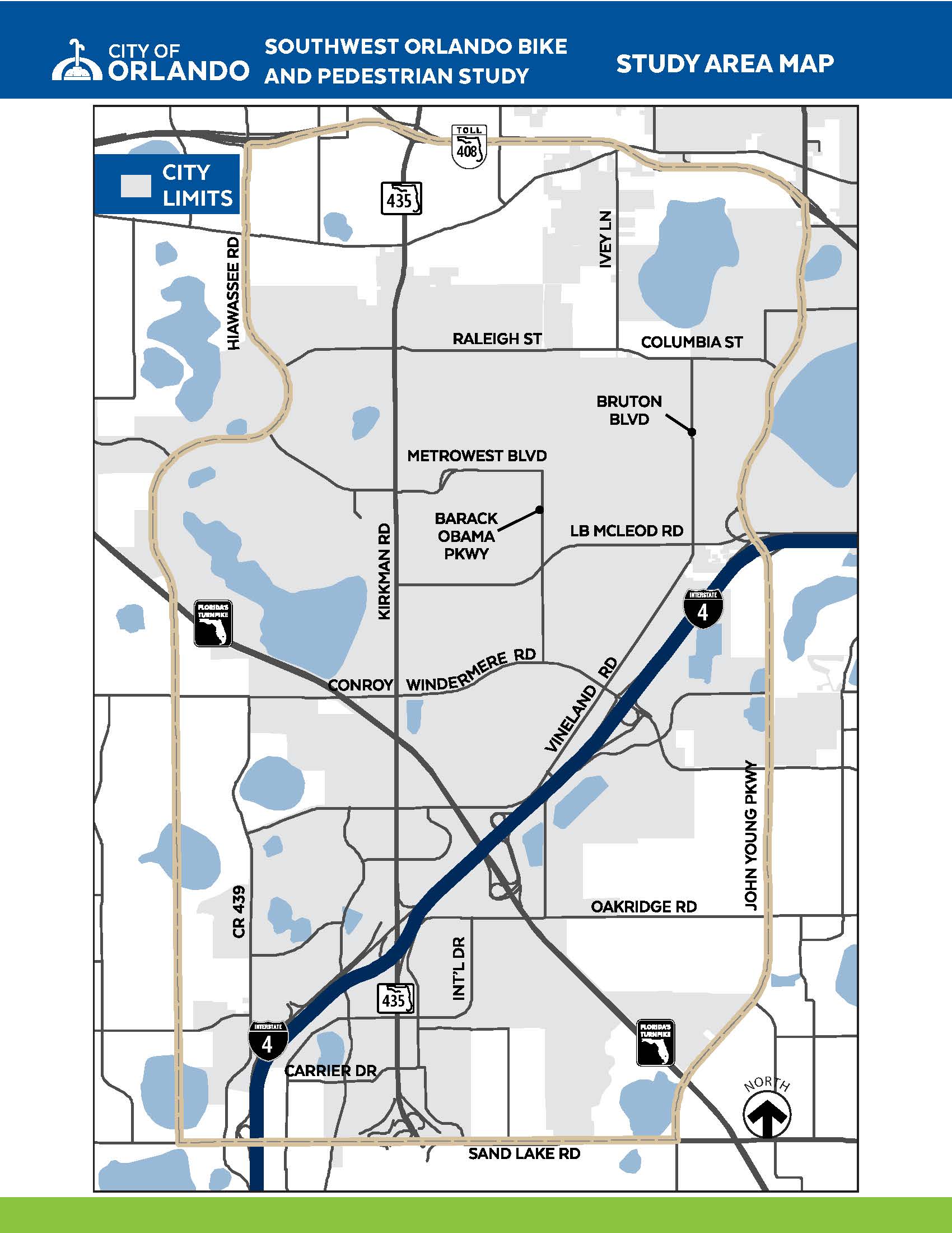 Southwest Orlando Bike and Pedestrian Study area map