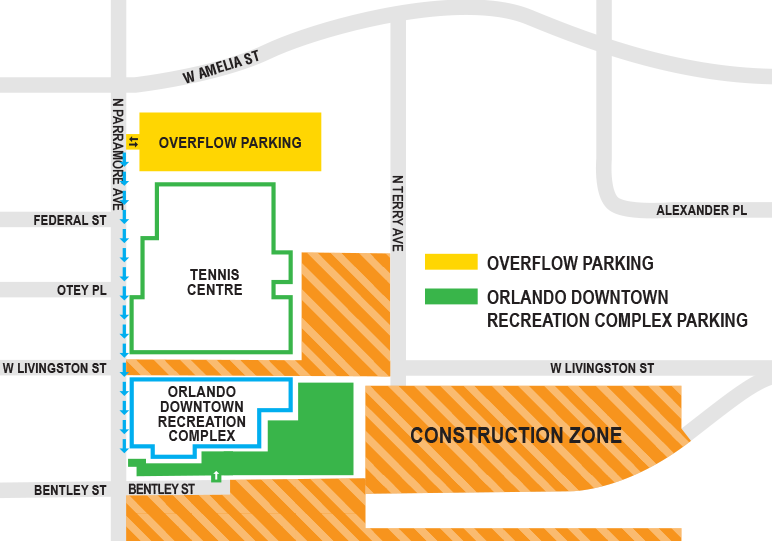 Map showing overflow parking just north of the Tennis Centre and south of West Amelia Street.